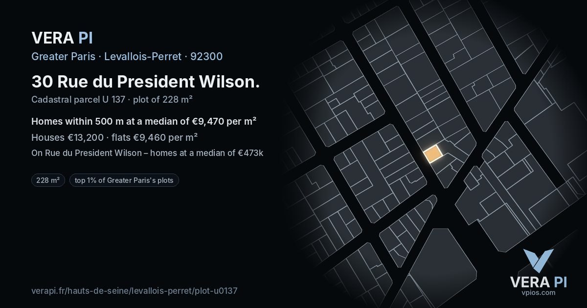 30 Rue du President Wilson, Levallois-Perret at night – the plot lit, the parcels around coloured by the prices near them
