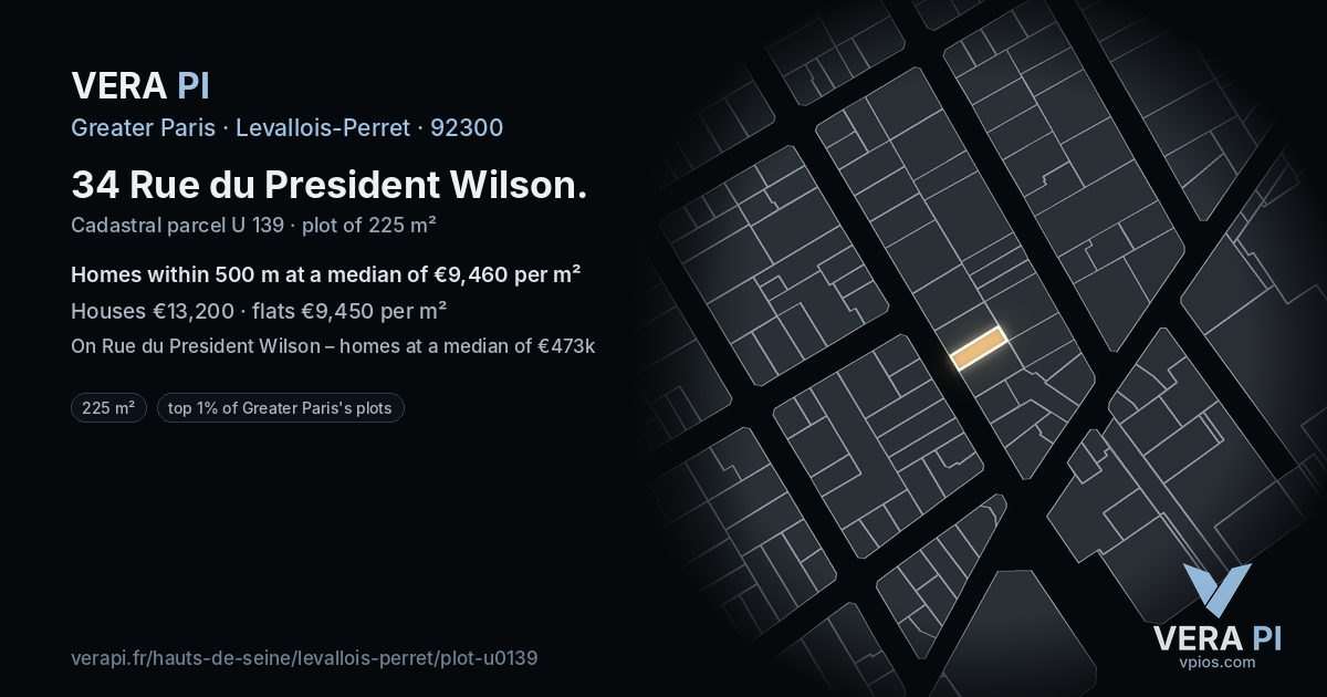 34 Rue du President Wilson, Levallois-Perret at night – the plot lit, the parcels around coloured by the prices near them