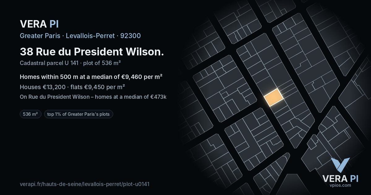 38 Rue du President Wilson, Levallois-Perret at night – the plot lit, the parcels around coloured by the prices near them