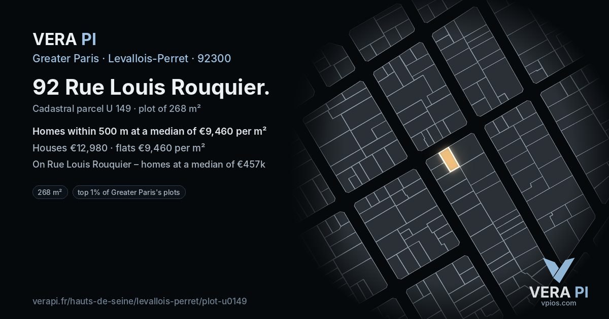 92 Rue Louis Rouquier, Levallois-Perret at night – the plot lit, the parcels around coloured by the prices near them