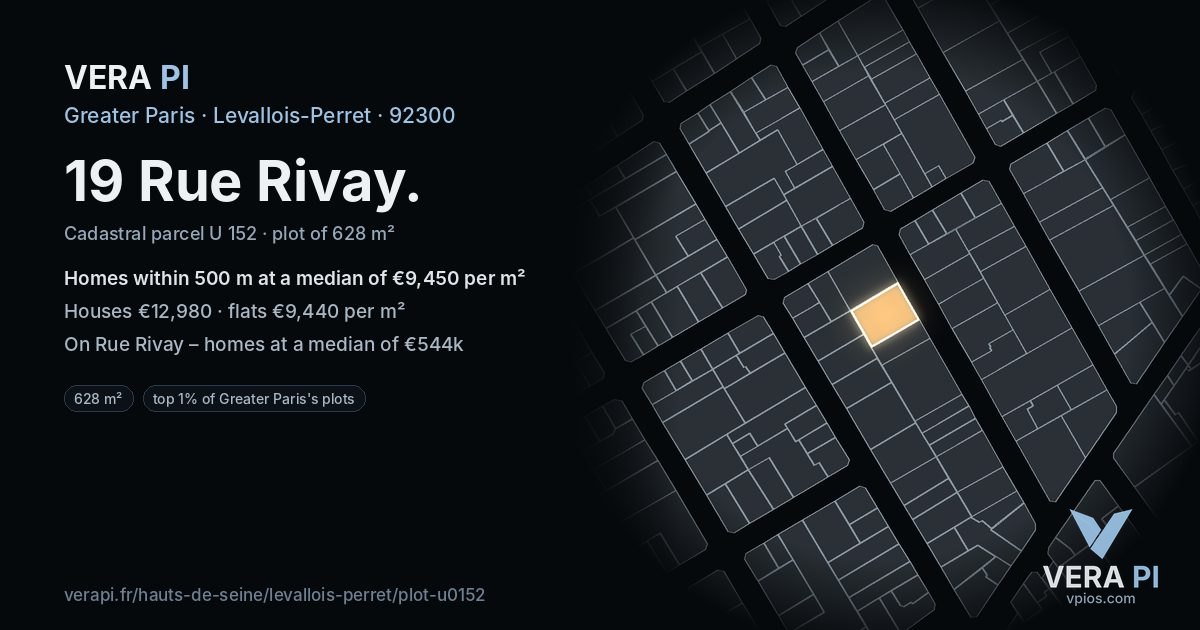 19 Rue Rivay, Levallois-Perret at night – the plot lit, the parcels around coloured by the prices near them