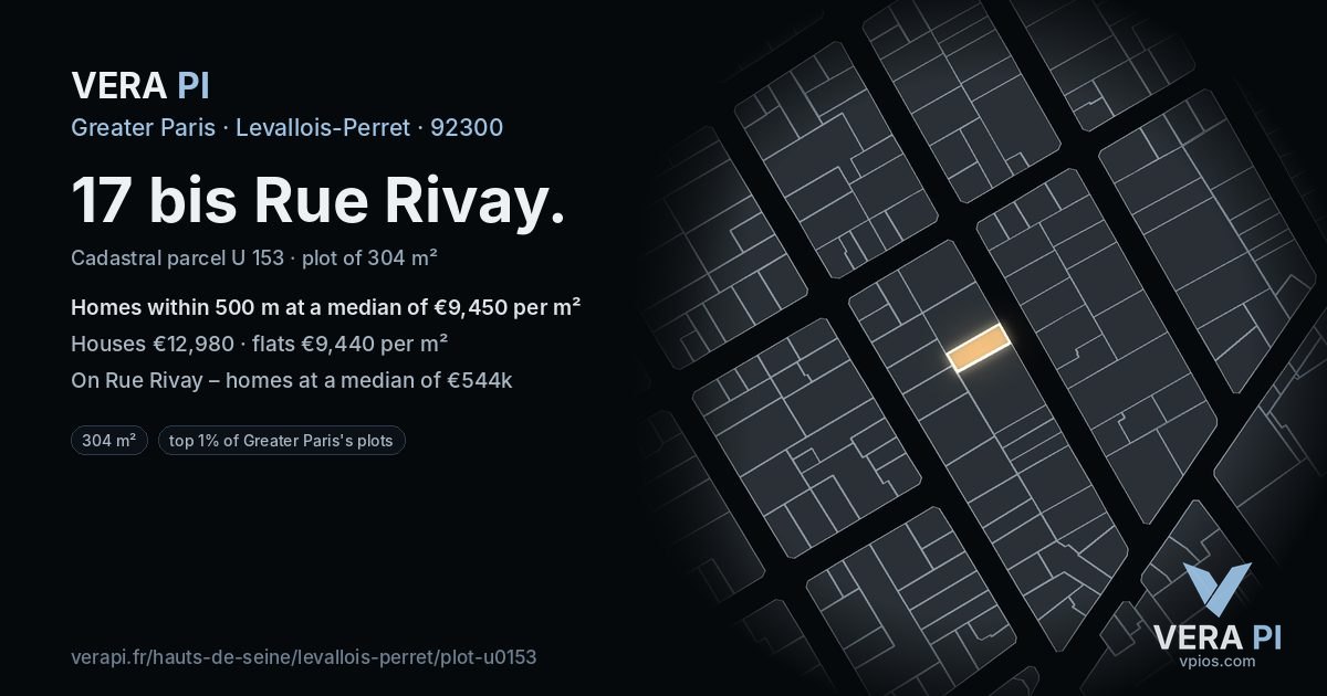 17 bis Rue Rivay, Levallois-Perret at night – the plot lit, the parcels around coloured by the prices near them