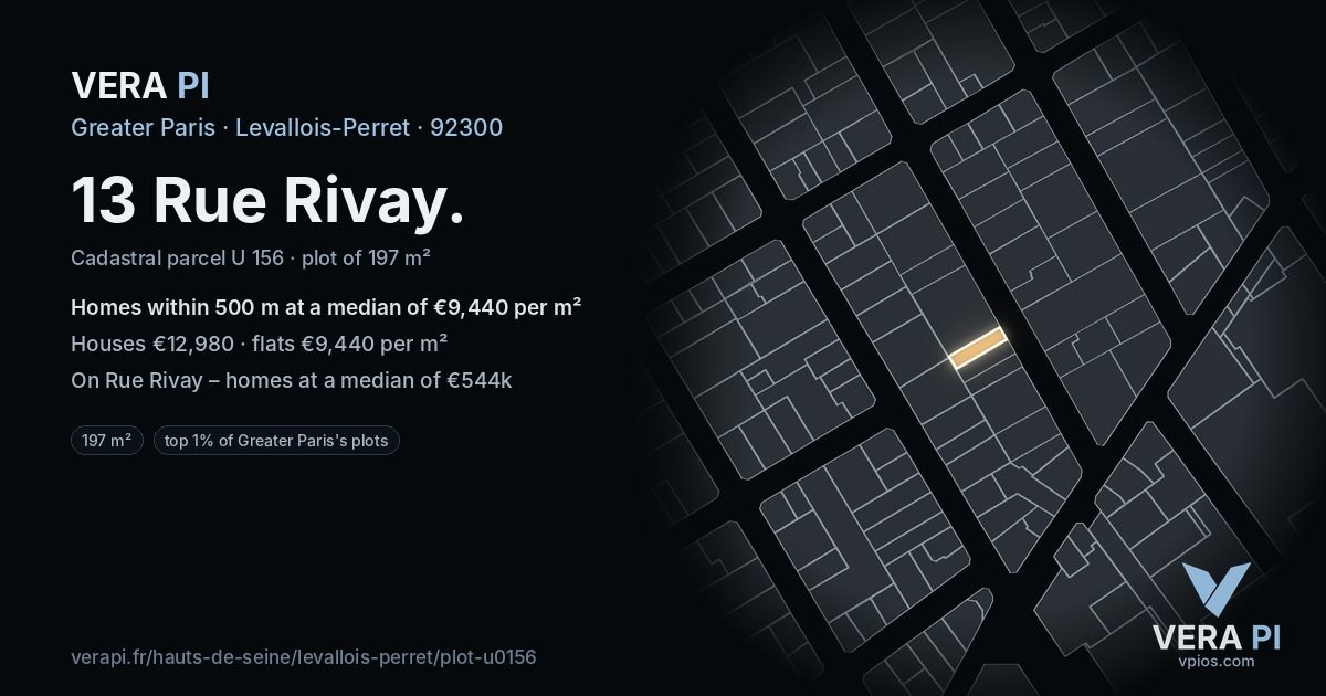 13 Rue Rivay, Levallois-Perret at night – the plot lit, the parcels around coloured by the prices near them