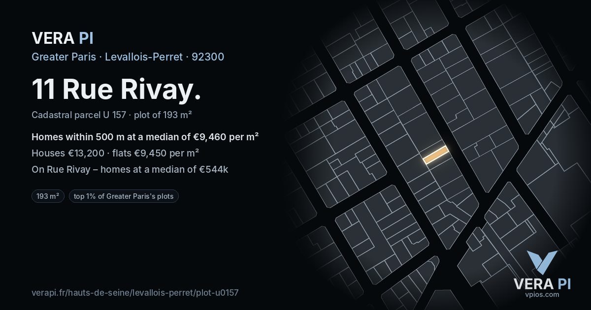 11 Rue Rivay, Levallois-Perret at night – the plot lit, the parcels around coloured by the prices near them
