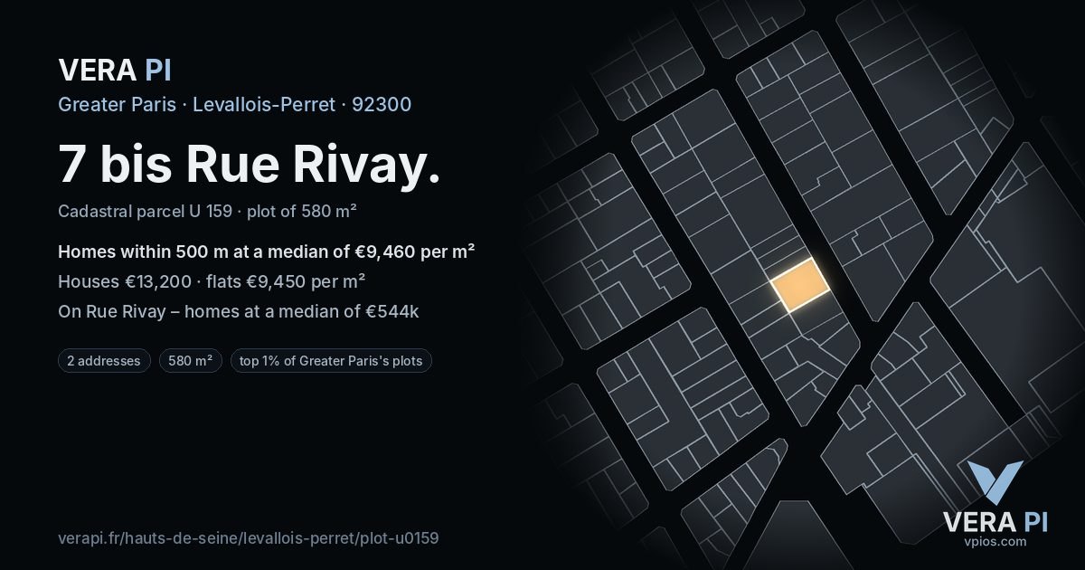 7 bis Rue Rivay, Levallois-Perret at night – the plot lit, the parcels around coloured by the prices near them