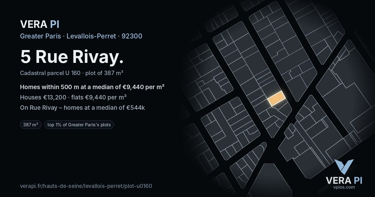 5 Rue Rivay, Levallois-Perret at night – the plot lit, the parcels around coloured by the prices near them