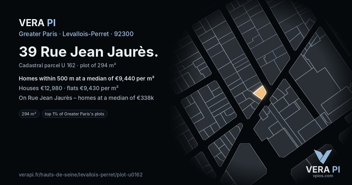 39 Rue Jean Jaurès, Levallois-Perret at night – the plot lit, the parcels around coloured by the prices near them