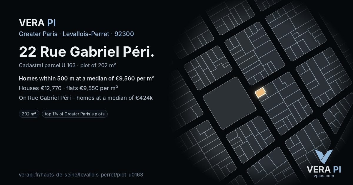 22 Rue Gabriel Péri, Levallois-Perret at night – the plot lit, the parcels around coloured by the prices near them