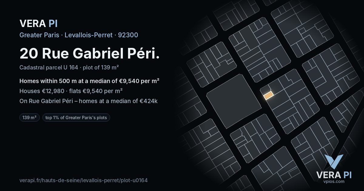 20 Rue Gabriel Péri, Levallois-Perret at night – the plot lit, the parcels around coloured by the prices near them