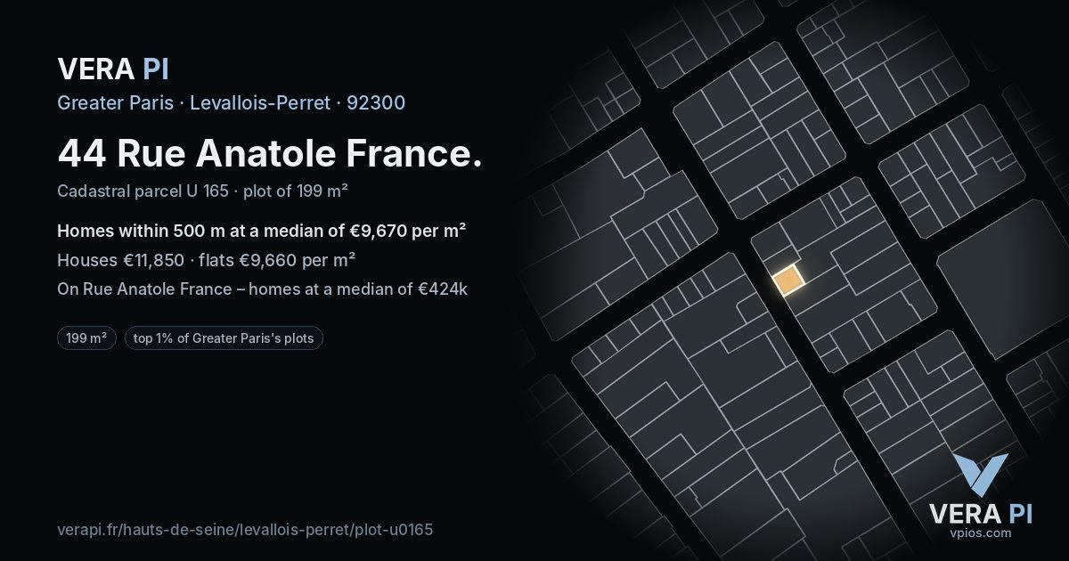 44 Rue Anatole France, Levallois-Perret at night – the plot lit, the parcels around coloured by the prices near them