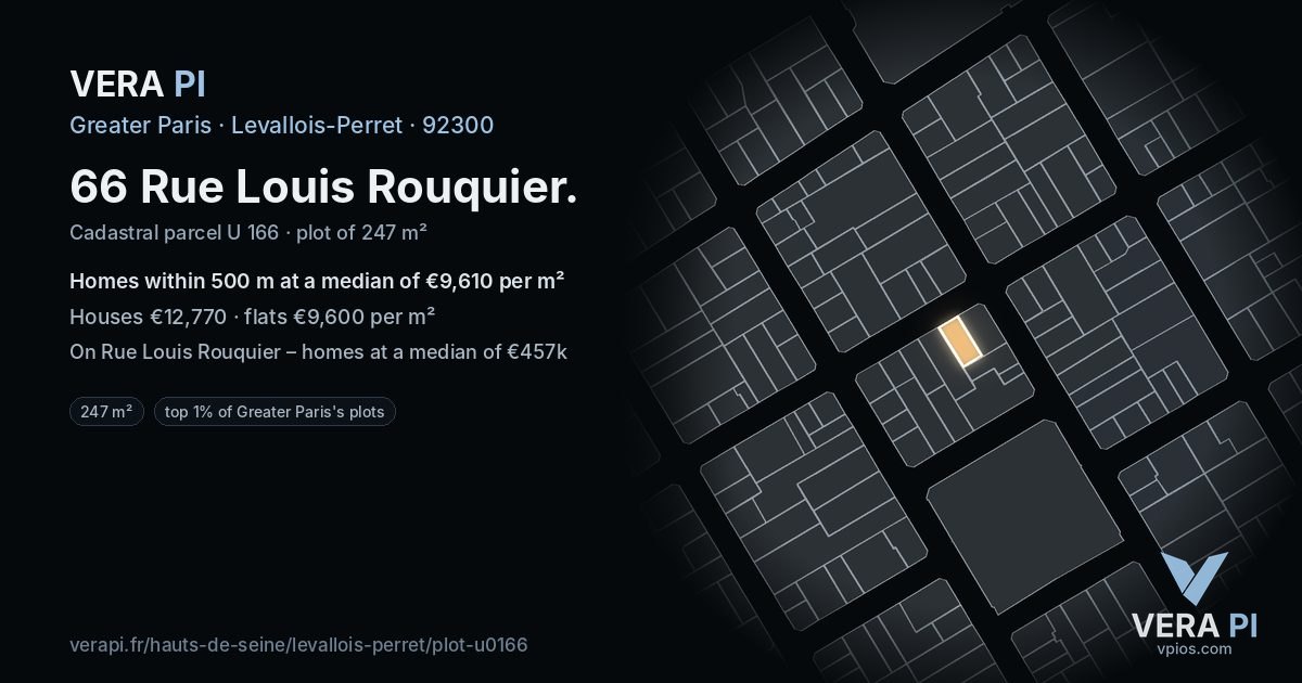 66 Rue Louis Rouquier, Levallois-Perret at night – the plot lit, the parcels around coloured by the prices near them