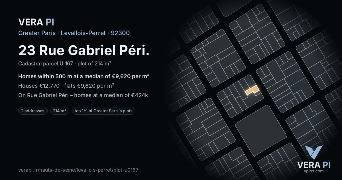 23 Rue Gabriel Péri, Levallois-Perret at night – the plot lit, the parcels around coloured by the prices near them