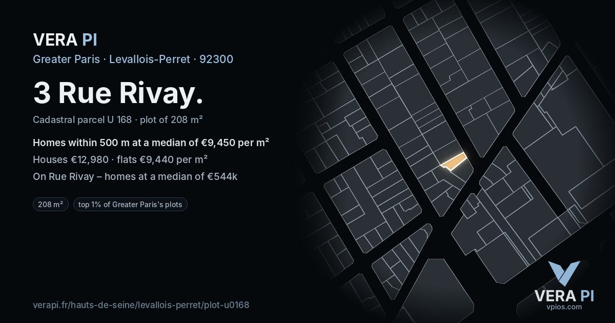 3 Rue Rivay, Levallois-Perret at night – the plot lit, the parcels around coloured by the prices near them
