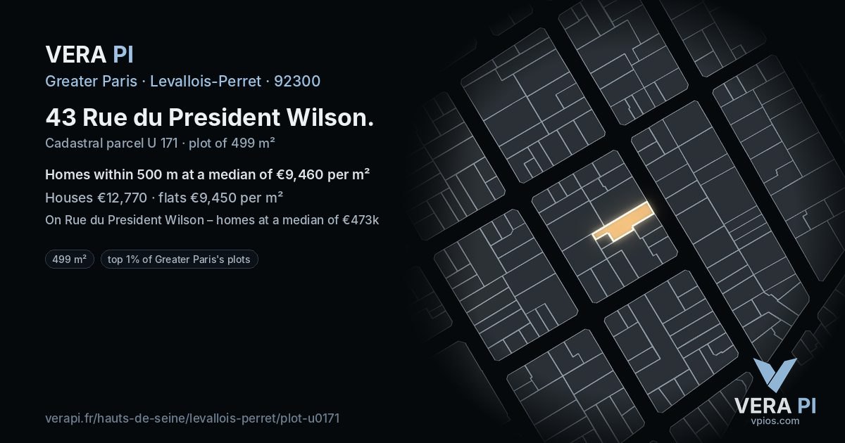 43 Rue du President Wilson, Levallois-Perret at night – the plot lit, the parcels around coloured by the prices near them