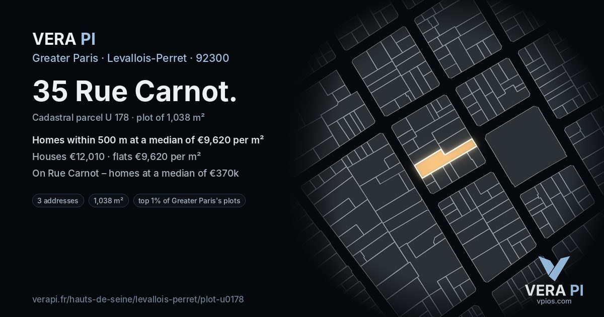 35 Rue Carnot, Levallois-Perret at night – the plot lit, the parcels around coloured by the prices near them
