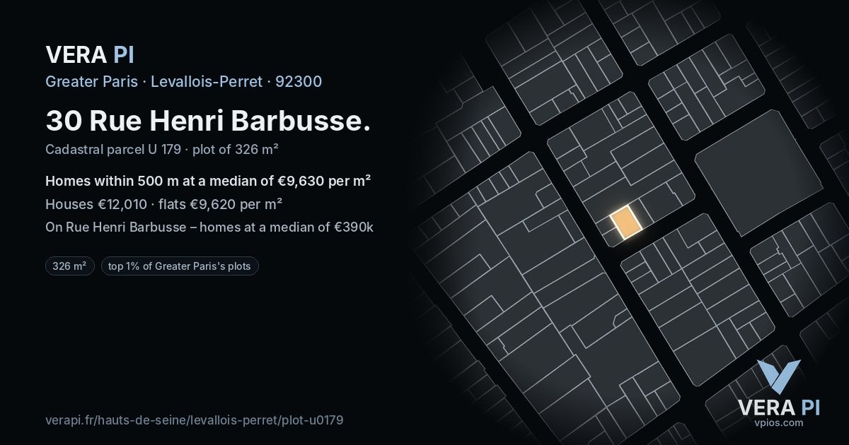 30 Rue Henri Barbusse, Levallois-Perret at night – the plot lit, the parcels around coloured by the prices near them
