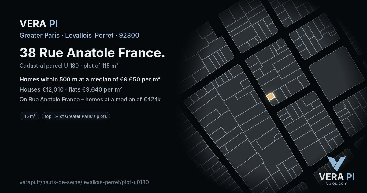 38 Rue Anatole France, Levallois-Perret at night – the plot lit, the parcels around coloured by the prices near them