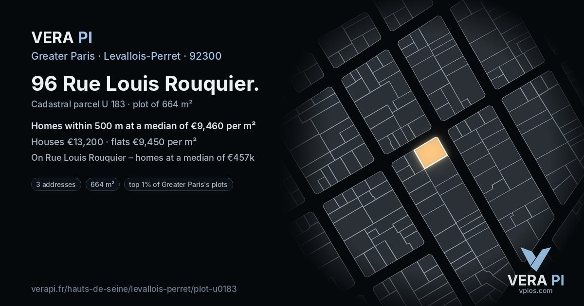 96 Rue Louis Rouquier, Levallois-Perret at night – the plot lit, the parcels around coloured by the prices near them