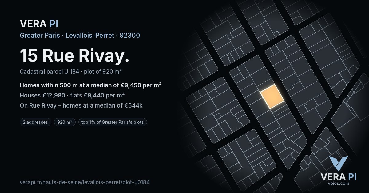 15 Rue Rivay, Levallois-Perret at night – the plot lit, the parcels around coloured by the prices near them