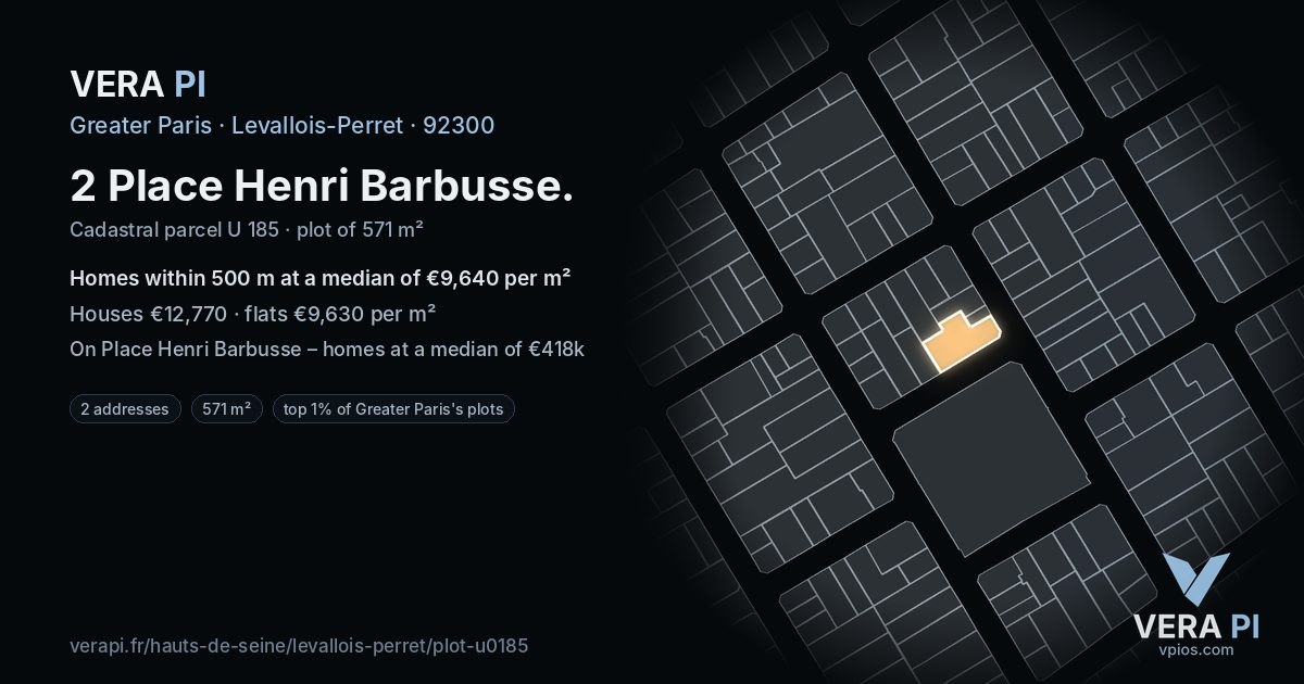2 Place Henri Barbusse, Levallois-Perret at night – the plot lit, the parcels around coloured by the prices near them
