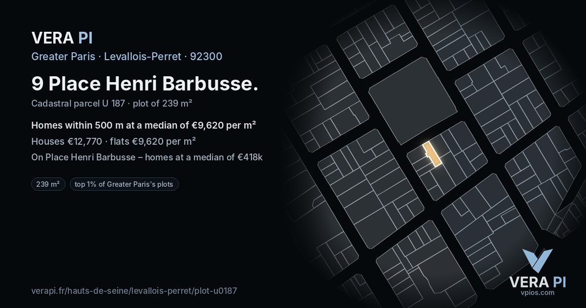 9 Place Henri Barbusse, Levallois-Perret at night – the plot lit, the parcels around coloured by the prices near them