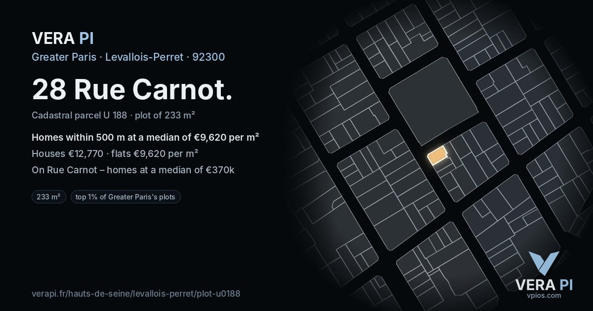 28 Rue Carnot, Levallois-Perret at night – the plot lit, the parcels around coloured by the prices near them