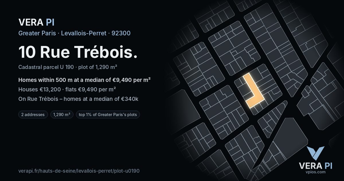 10 Rue Trébois, Levallois-Perret at night – the plot lit, the parcels around coloured by the prices near them