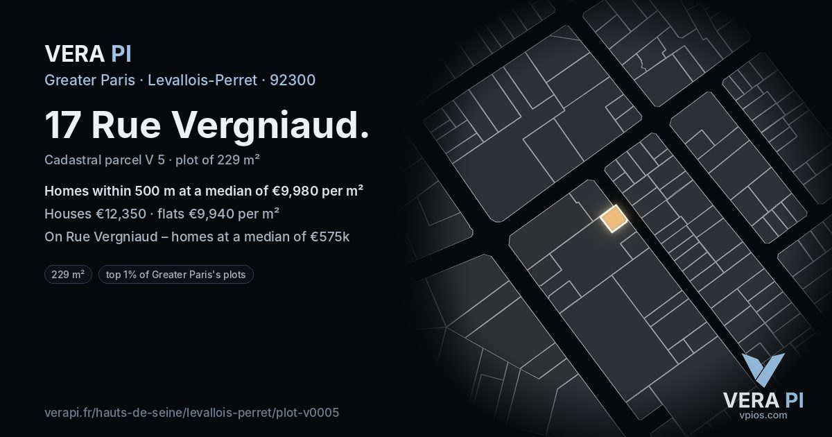 17 Rue Vergniaud, Levallois-Perret at night – the plot lit, the parcels around coloured by the prices near them