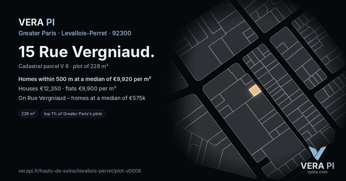 15 Rue Vergniaud, Levallois-Perret at night – the plot lit, the parcels around coloured by the prices near them