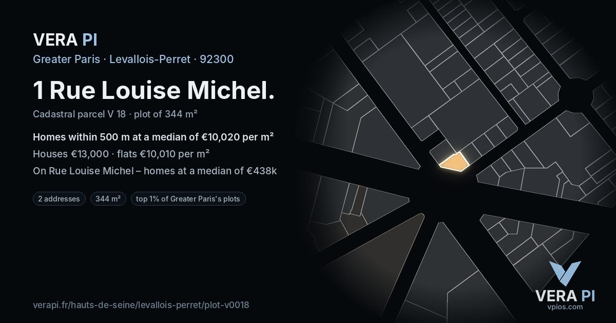 1 Rue Louise Michel, Levallois-Perret at night – the plot lit, the parcels around coloured by the prices near them