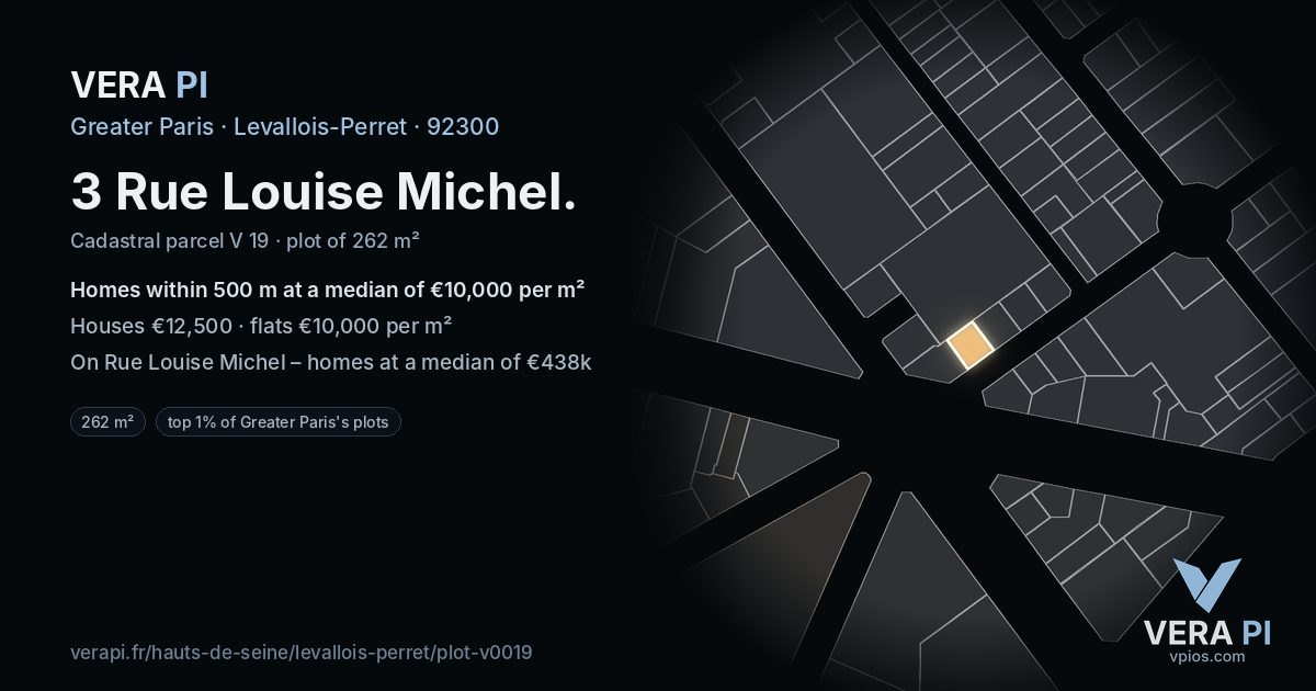 3 Rue Louise Michel, Levallois-Perret at night – the plot lit, the parcels around coloured by the prices near them