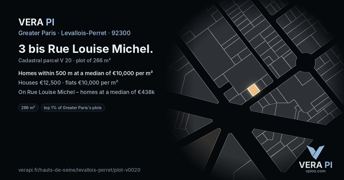 3 bis Rue Louise Michel, Levallois-Perret at night – the plot lit, the parcels around coloured by the prices near them
