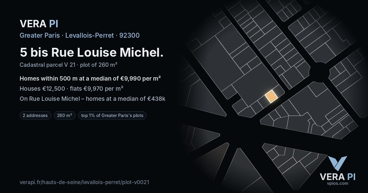 5 bis Rue Louise Michel, Levallois-Perret at night – the plot lit, the parcels around coloured by the prices near them