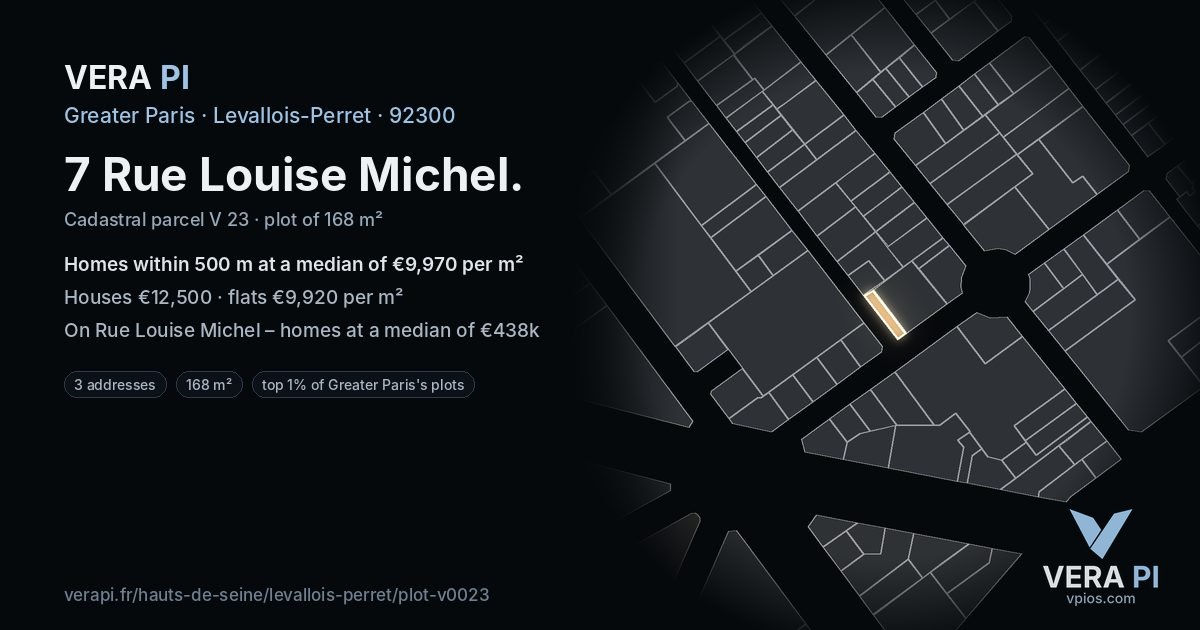 7 Rue Louise Michel, Levallois-Perret at night – the plot lit, the parcels around coloured by the prices near them