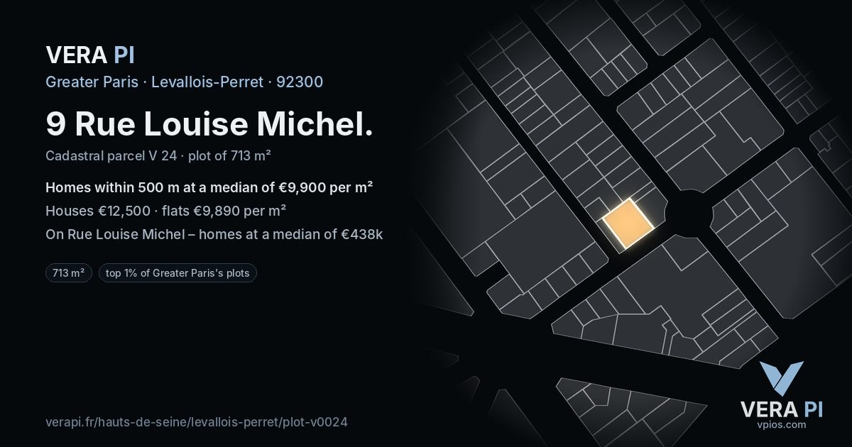 9 Rue Louise Michel, Levallois-Perret at night – the plot lit, the parcels around coloured by the prices near them