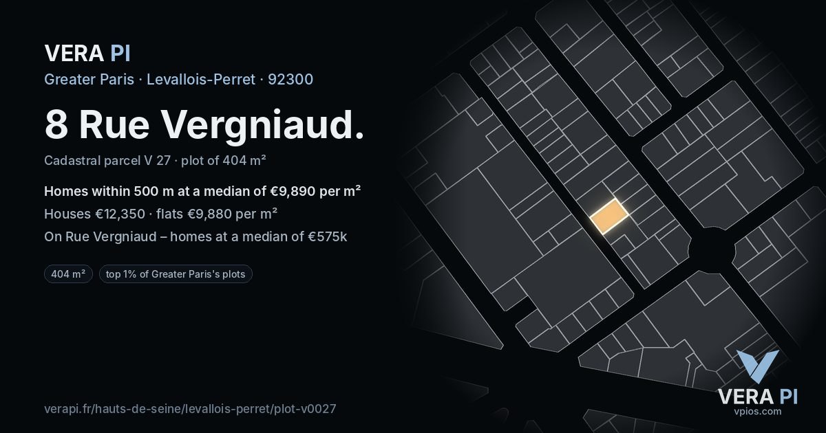 8 Rue Vergniaud, Levallois-Perret at night – the plot lit, the parcels around coloured by the prices near them