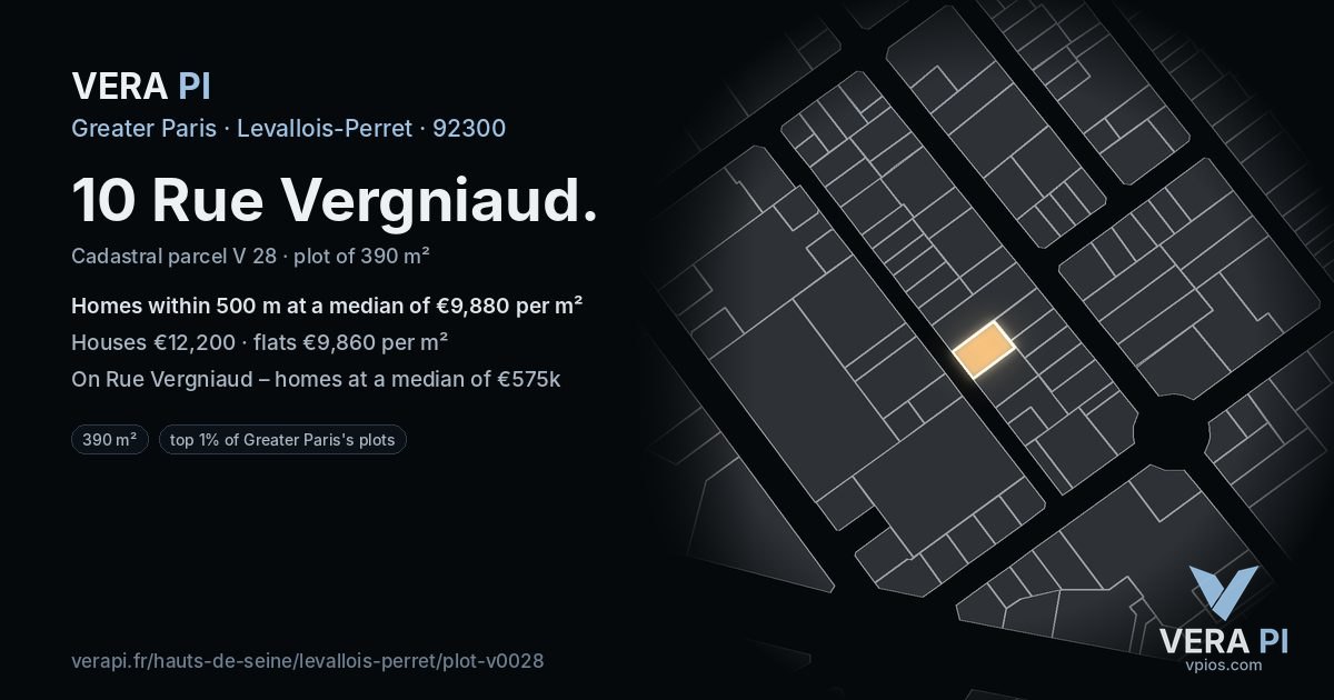10 Rue Vergniaud, Levallois-Perret at night – the plot lit, the parcels around coloured by the prices near them