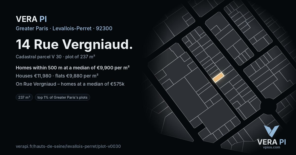 14 Rue Vergniaud, Levallois-Perret at night – the plot lit, the parcels around coloured by the prices near them
