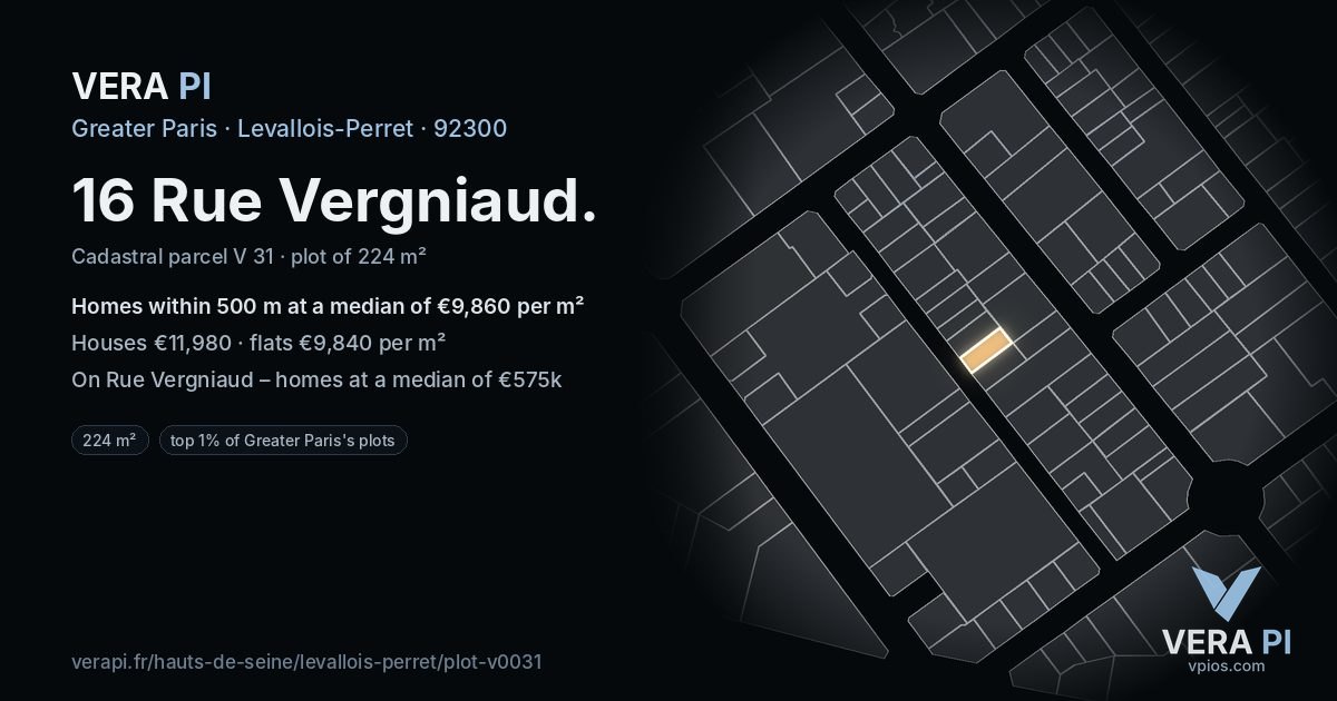 16 Rue Vergniaud, Levallois-Perret at night – the plot lit, the parcels around coloured by the prices near them