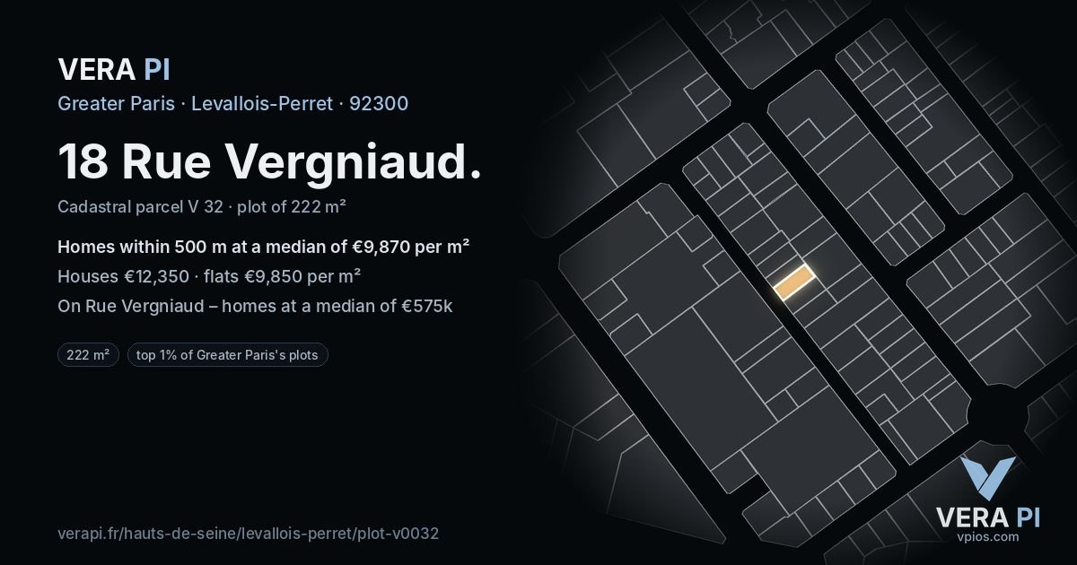 18 Rue Vergniaud, Levallois-Perret at night – the plot lit, the parcels around coloured by the prices near them