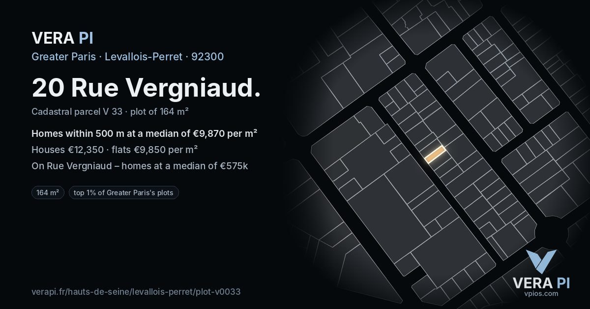20 Rue Vergniaud, Levallois-Perret at night – the plot lit, the parcels around coloured by the prices near them