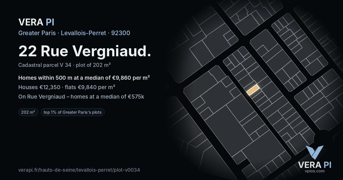 22 Rue Vergniaud, Levallois-Perret at night – the plot lit, the parcels around coloured by the prices near them