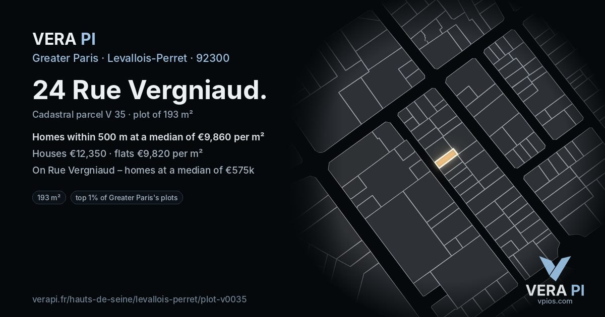 24 Rue Vergniaud, Levallois-Perret at night – the plot lit, the parcels around coloured by the prices near them