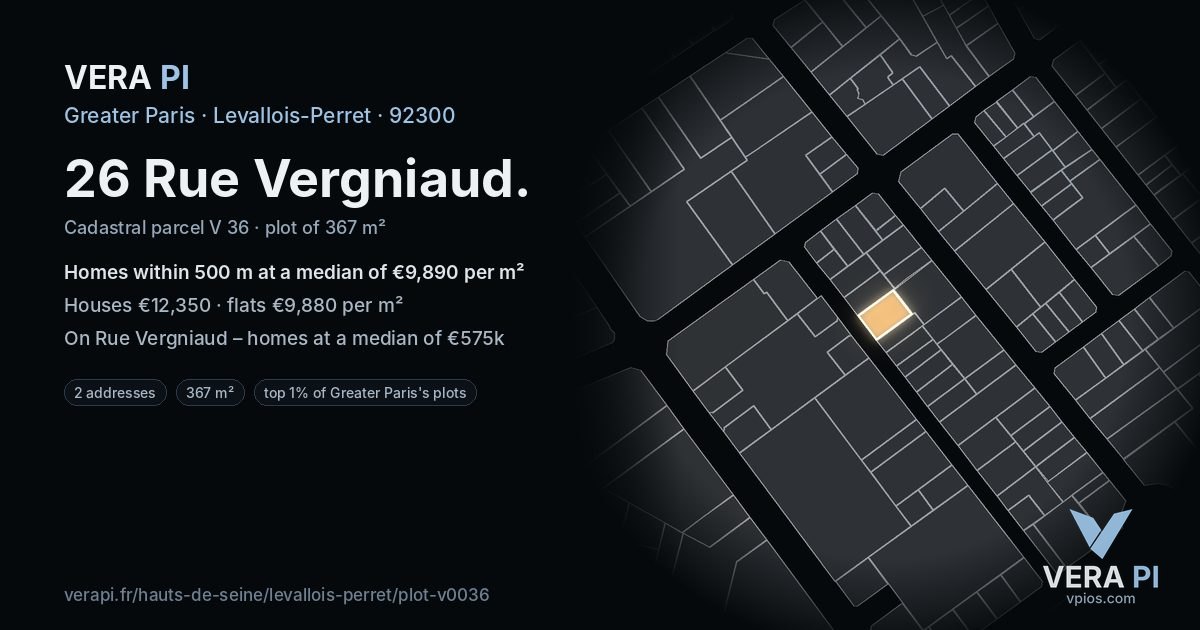 26 Rue Vergniaud, Levallois-Perret at night – the plot lit, the parcels around coloured by the prices near them