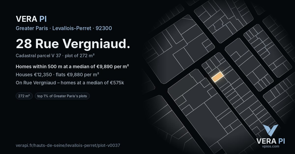 28 Rue Vergniaud, Levallois-Perret at night – the plot lit, the parcels around coloured by the prices near them