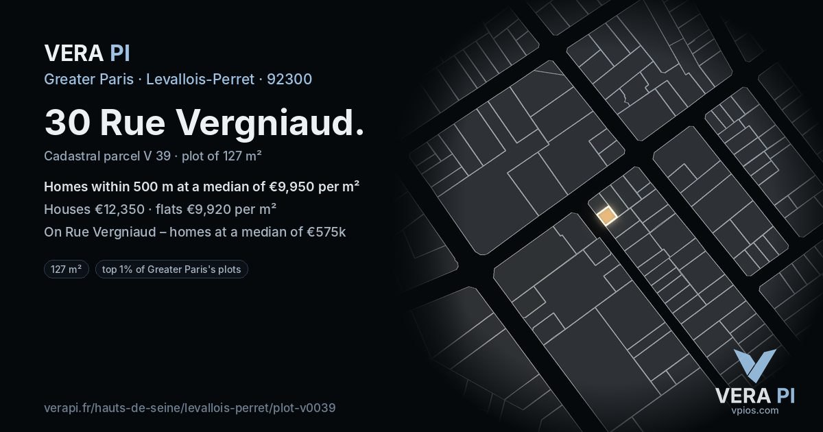 30 Rue Vergniaud, Levallois-Perret at night – the plot lit, the parcels around coloured by the prices near them