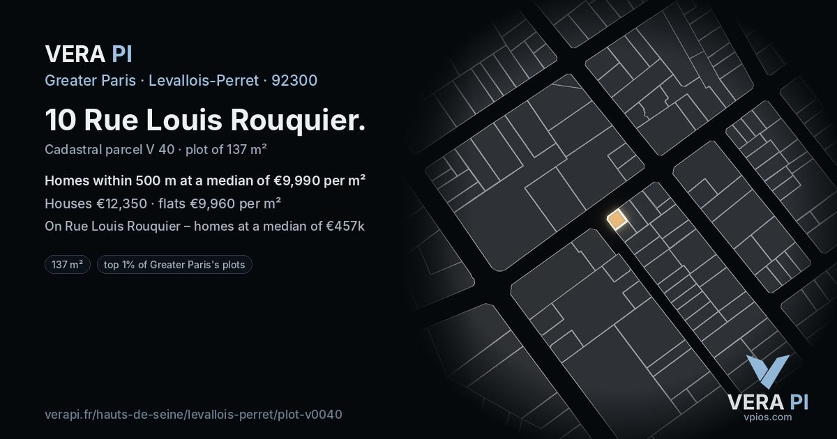 10 Rue Louis Rouquier, Levallois-Perret at night – the plot lit, the parcels around coloured by the prices near them