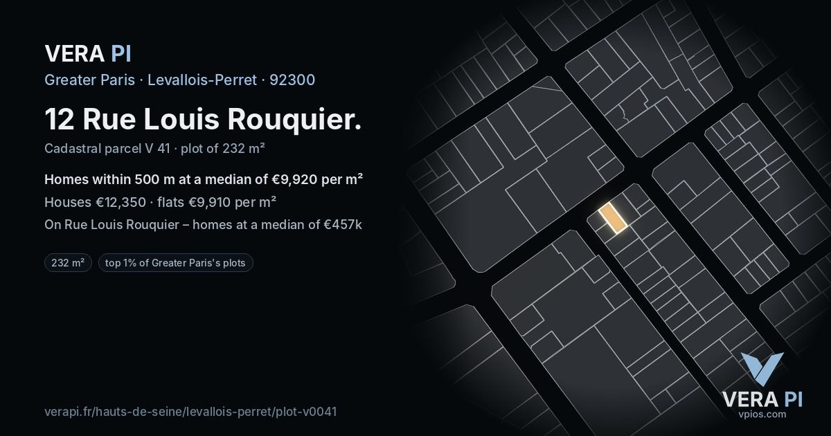12 Rue Louis Rouquier, Levallois-Perret at night – the plot lit, the parcels around coloured by the prices near them