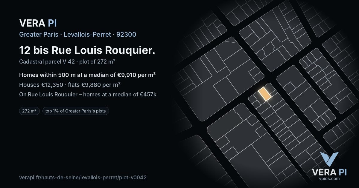 12 bis Rue Louis Rouquier, Levallois-Perret at night – the plot lit, the parcels around coloured by the prices near them