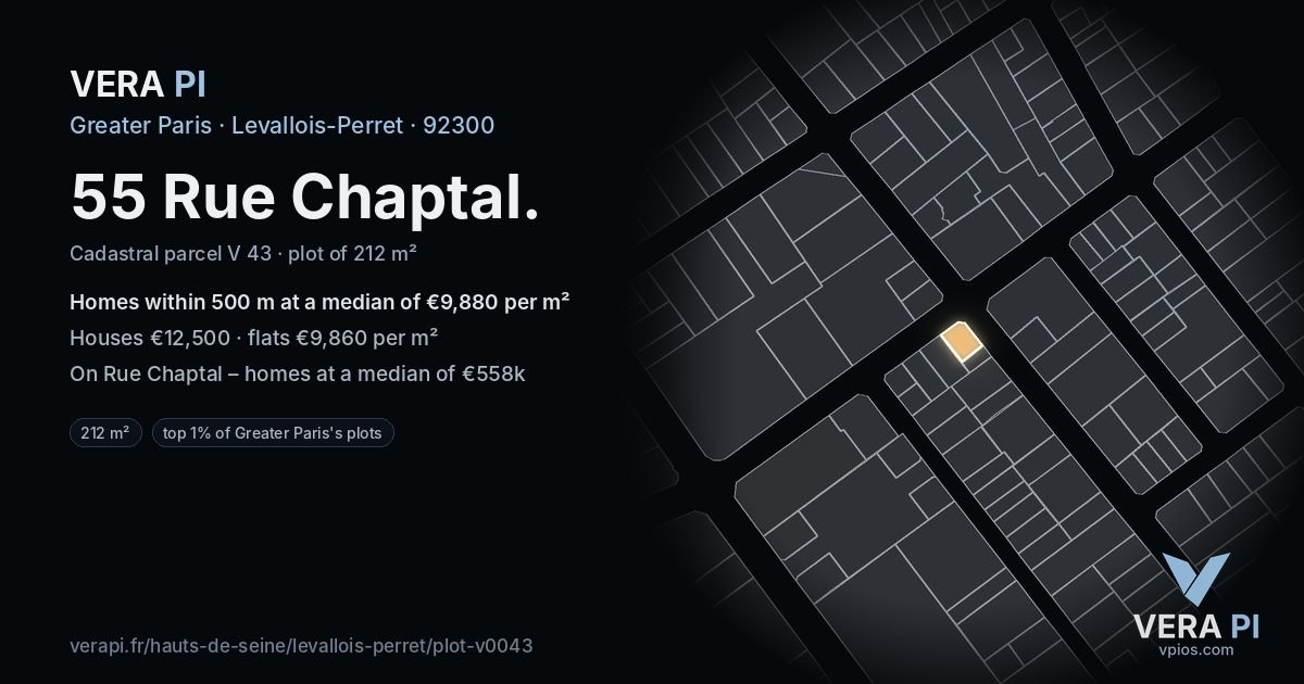 55 Rue Chaptal, Levallois-Perret at night – the plot lit, the parcels around coloured by the prices near them